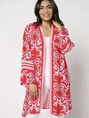 Dennis Basso Mujer Rojo Blanco Plumero Kimono Bohemio Hippie Vaquera Occidental 2X Foto 1 de 4
