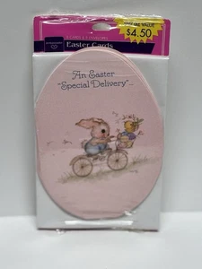 Vintage Mary Hamilton Osterei Karten Neu in Verpackung! Bunny Chick Fahrrad Pink 8 Stück Punze - Bild 1 von 8