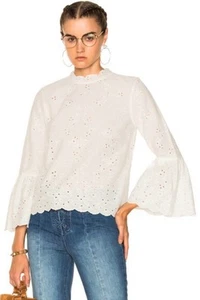 Top Ulla Johnson Mujer Algodón Lino Ojales Manga Campana Blanco Talla 6 Cottage Delicado - Imagen 1 de 19