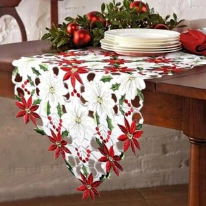 Embroidery Table Runner Placemat Tablecloth Christmas Flower Decors Red 38x176cm - Picture 1 of 13