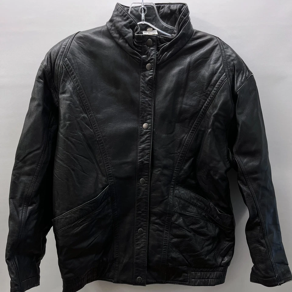 Chaqueta de cuero de piel de cordero vintage Giacca para mujer talla L botón a presión negra Saks 5th Foto 1 de 4