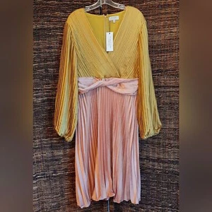 NWT Boohoo Occasion Dress 12 Midi Pleated Satin Wedding Event Formal Colorblock - Picture 1 of 7