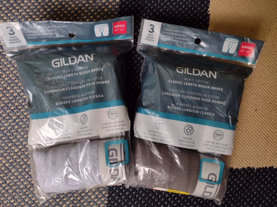 Gildan Men's SMALL 28-30 Cotton Boxer Briefs Black Gray 6 PAIRS 6" Inseam #21424