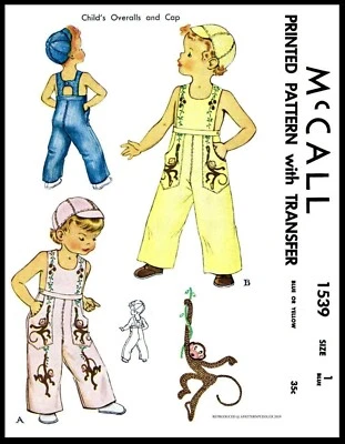 McCall 1539 Pattern UNISEX Toddler OVERALLS & CAP Boys Child's Embroider - Image 1 of 4