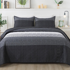 Queen Quilt Bedding Set Black and White and Grey, 3 Pieces Patchwork Striped Ult