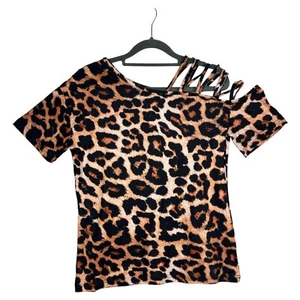 Crazy Train Women's Be Wild Leopoard Top Strappy Cutout Shoulders - Picture 1 of 4