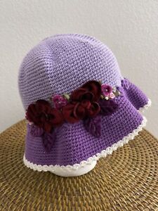 Hand & Heart Knit Crocheted Girls Purple w Velvet Flowers Bucket Hat 100% Cotton
