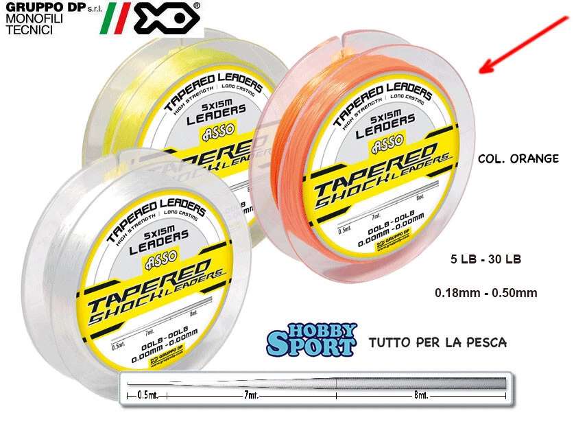 FILO CONICO ASSO 0,18-0,50 ORANGE 5x15 MT TAPERED SHOCK LEADERS SURFCASTING - Immagine 1 di 1