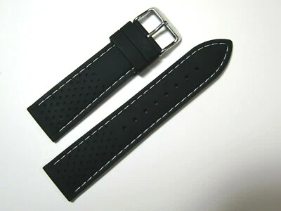22mm Hadley Roma Black With White Stitched Silicone Diver Watch Band  MS3350   - Image 1 of 3