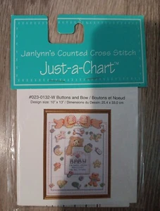 JANLYNN JUST-A-CHART COUNTED CROSS STITCH CHART/PATTERN BUTTONS & BOW- BABY NEW - Picture 1 of 3