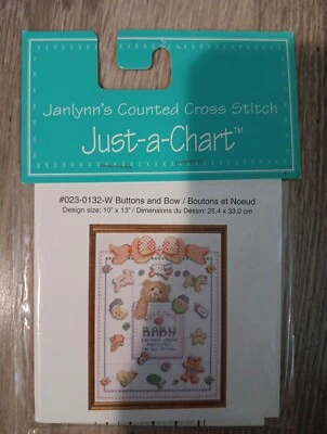 JANLYNN JUST-A-CHART COUNTED CROSS STITCH CHART/PATTERN  BUTTONS & BOW- BABY NEW - Image 1 of 3