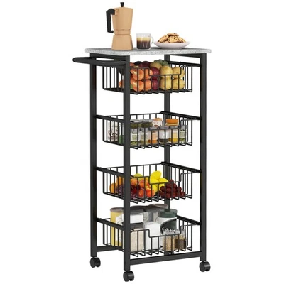 HOMCOM 4-Tier Kitchen Island on Wheels with 4 Pull-Out Baskets, Light Grey - Image 1 of 4
