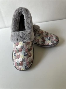 Bobs By Skechers TOO COZY SNUGGLED UP Cat Print Slippers 8 Faux Fur Memory Foam - Picture 1 of 7