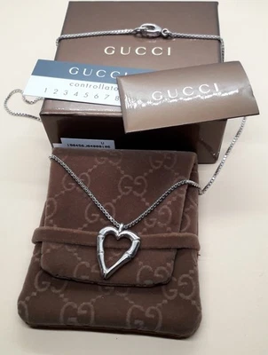 Rare Vintage GUCCI Bamboo Heart 925 Sterling Silver 57cm Necklace - Image 1 of 4