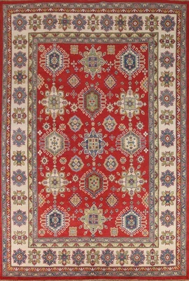 Geometric Kazak Oriental Area Rug 8x10 Hand-knotted Wool Southwestern Red Carpet - Image 1 of 4