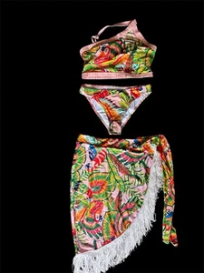 NWOT 3 Pc Tropical Parrot One Shoulder Bikini Fringed Bright Boho Sarong Set - Picture 1 of 12