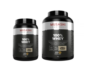 New MUSASHI 100% WHEY Protein Powder 900g - 2KG Range Vanilla Milkshake - Picture 1 of 4