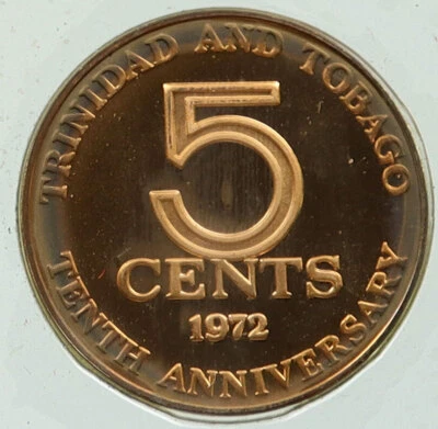 1972 TRINIDAD and TOBAGO 10th Anniversary Sealed Proof 5 Cents Coin i115874 - Image 1 of 2