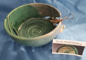 Studio Art Pottery Knitting Yarn Bowl Holder Crochet Ceramic Green Blue Signed - Picture 1 of 6