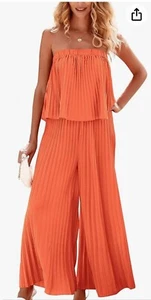 BTFBM Orange XL Pleated  Wide Leg  Romper Jumpsuit Off Shoulder Strapless - Picture 1 of 16