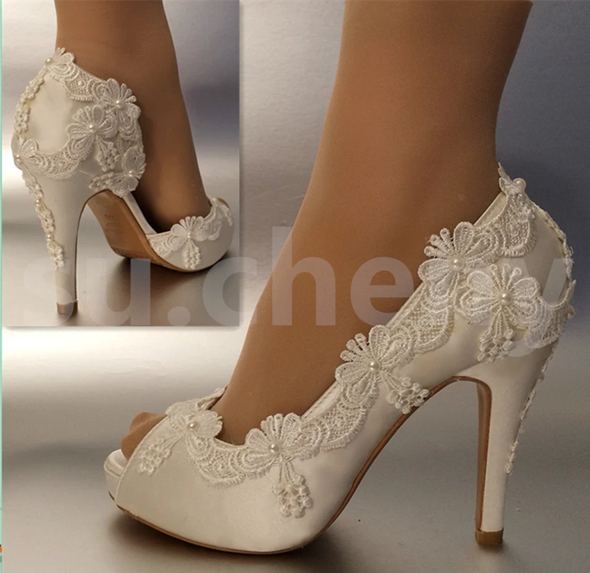 su.cheny 3" 4" heel satin white ivory lace pearls open toe Wedding bridal shoes - Image 1 of 4