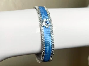 Signed GUESS Bracelet - Cornflower Blue Ribbon, Silver Chainmail, Flower Motif - Picture 1 of 9