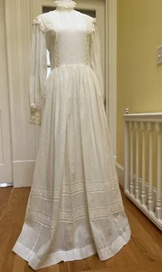 Vintage 70’s 60's Cotton Lace Swiss Dot Long Sleeve High Collar Wedding Dress S - Picture 1 of 19