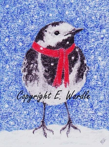 ACEO 'LET IT SNOW' Pied Wagtail PRINT of Original Watercolour 2.5" X 3.5" - Picture 1 of 2