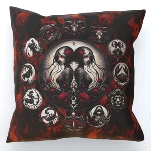 Gemini Hell's Zodiac Cushion, Double-Sided, Gothic Astrology, Twins, Roses, Fire - Picture 1 of 7