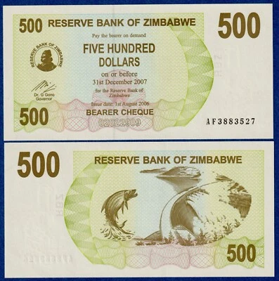 2006 ZIMBABWE 500 Dollars P-43 aUNC  Bearer Cheque - Image 1 of 3