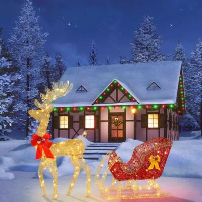 OUTVITA Light Up Christmas Reindeer Sleigh Outdoor Garden Xmas Figure Decorations LED UK
