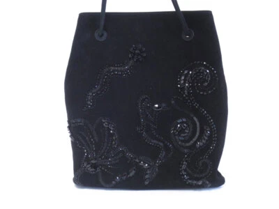 ●Prada Gamuza Bolso de Mano Bolso de Mano Bolsa Nero Negro Camoscio Ricamo Cristal Bordado Foto 1 de 4