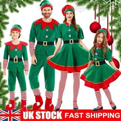 Adults Kids Cosplay Christmas Elf Costume Fancy Dress Xmas Santa Helper Outfits