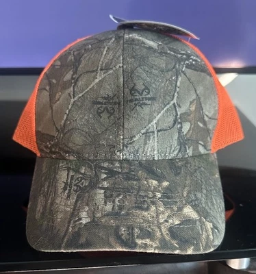 Mens Camo Hat Realtree Orange Trucker Hat Baseball Cap Mid Structured NEW Mesh - Image 1 of 4