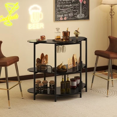 3 Tier Home Bar Unit with Stemware Racks Black Industrial Mini Bar Cabinet - Image 1 of 4