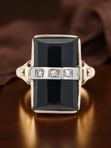 ART DECO RING MASSIV 10K GELBGOLD SCHWARZER ONYX WEISSER SAPHIR GRÖSSE 4,75 #7879 - Bild 1 von 4