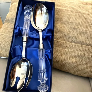 Vintage WATERFORD Crystal Handled Lismore Salad Set Fork & Spoon Original Box - Picture 1 of 7