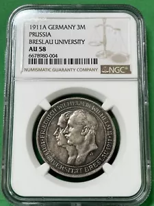 1911 A Germany 3M Prussia Breslau University NGC AU 58 Rare Foreign Toned - Picture 1 of 2