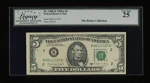 DBR 1988-A $5 New York Fr. 1980-B Legacy 25 Serial B00111127D - Picture 1 of 2