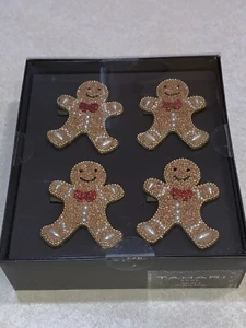 TAHARI NAPKIN RINGS CHRISTMAS GINGERBREAD MEN BEADED GOLD NEW - Picture 1 of 4