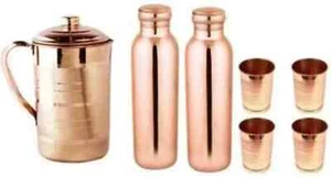 Pure Copper Water Pitcher Jug 4 Tumbler 2 Water Bottle Ayurveda Health Benefits - Picture 1 of 3