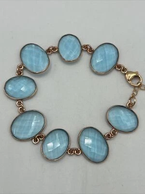New 14K Rose Gold Filled Aqua Blue Glass Dangle Chain Link Bracelet 7.5" Foto 1 de 4