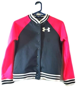 Under Armour Bomber Jacket Girls Medium Pink & Black Cold Gear Snap Button - Picture 1 of 9