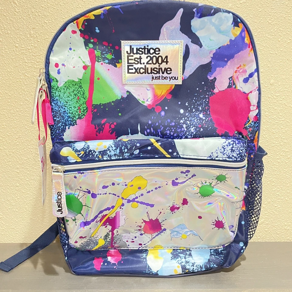 Justice Girls Colorful Backpack Bookbag Blue Silver Kids