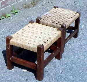 Near Pair Edwardian antique Arts & Crafts rustic oak seagrass footstools stools - Picture 1 of 4