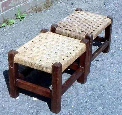 Near Pair Edwardian antique Arts & Crafts rustic oak seagrass footstools stools  - Image 1 of 4