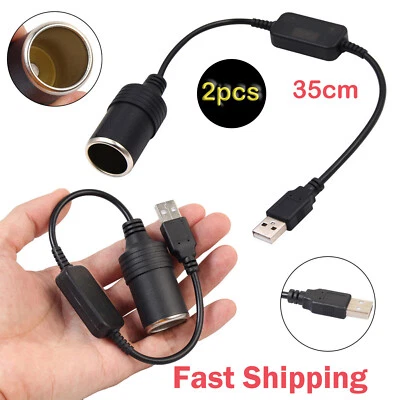2x USB A Male to 12V Car Cigarette Lighter Adapter Socket Female Converter Cable - Image 1 of 4