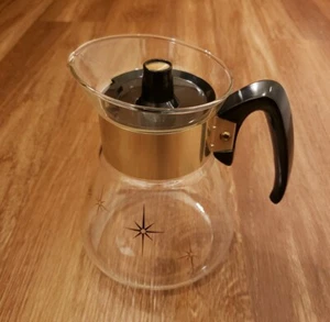Caraffa caffettiera vintage MCM Corning Gold Atomic Starburst vetro resistente al calore 4 tazze - Foto 1 di 12