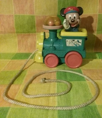Винтажный игрушечный поезд Disney Mickey Mouse 1980-е с вращающимися мячами и колокольчиком - Изображение 1 из 2