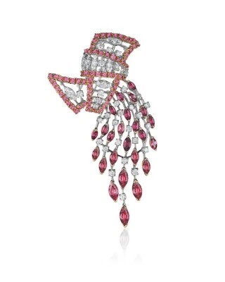 10.63 TCW Multi Cut Ruby & Sapphire Bunch Of Leaf Fall Design Brooch For Woman - Image 1 of 4